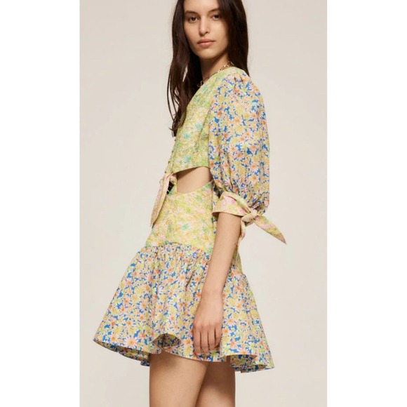 ALÉMAIS Floral Print Mini Dress Puff Sleeve Tie Cutout Backless Yellow US 10 - Picture 3 of 12